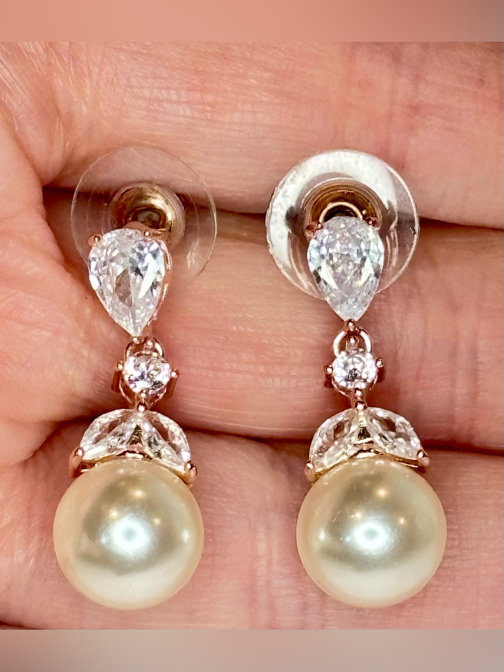 Rose Gold Tone CZ Faux Pearl Drop Dangle Earrings Bridal Wedding Prom